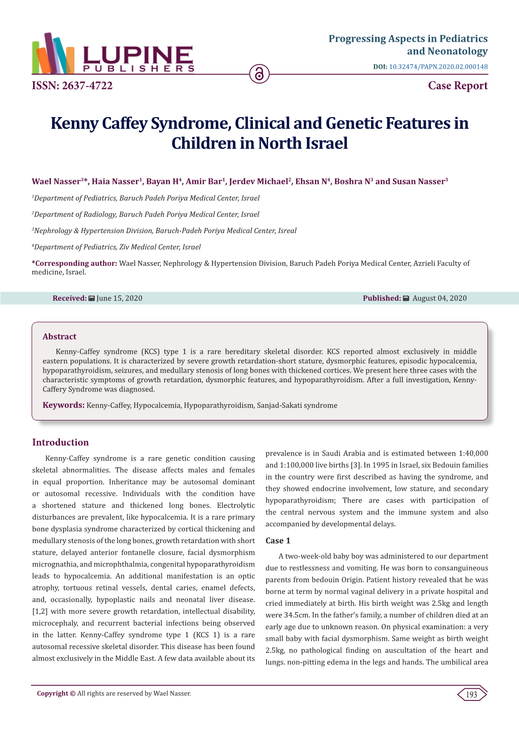 Kenny Caffey Syndrome, Clinical and Genetic Features in Children in North Israel