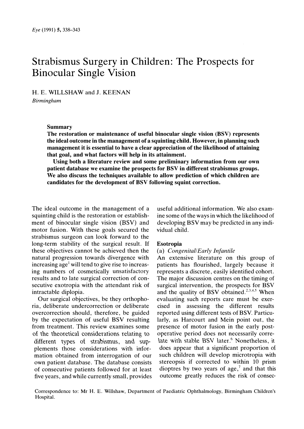 Strabismus Surgery in Children: the Prospects for Binocular Single Vision