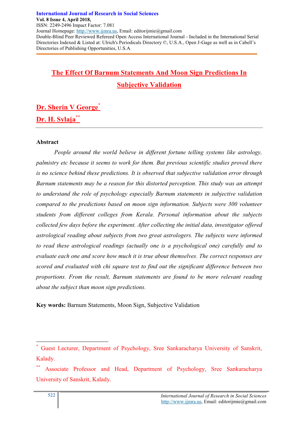 The Effect of Barnum Statements and Moon Sign Predictions in Subjective Validation