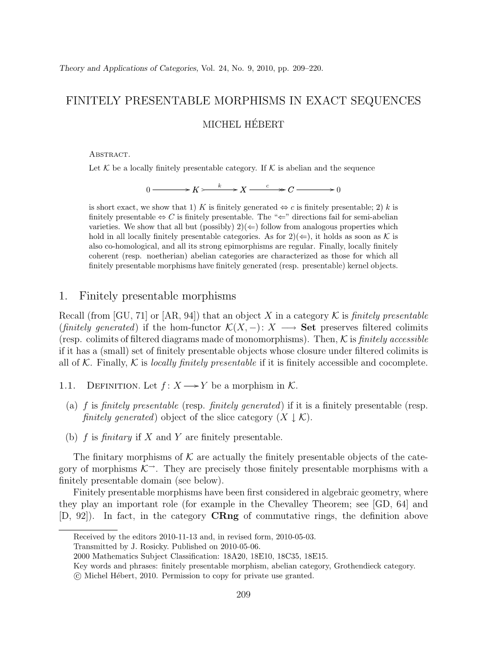 Finitely Presentable Morphisms in Exact Sequences