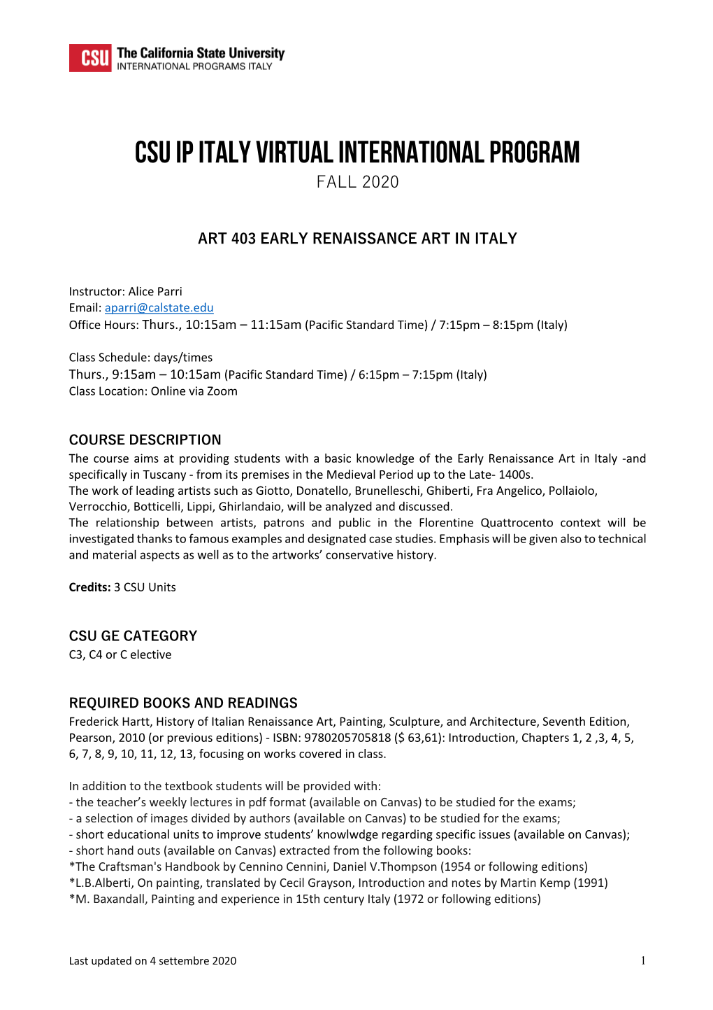 CSU IP Italy Virtual International Program FALL 2020
