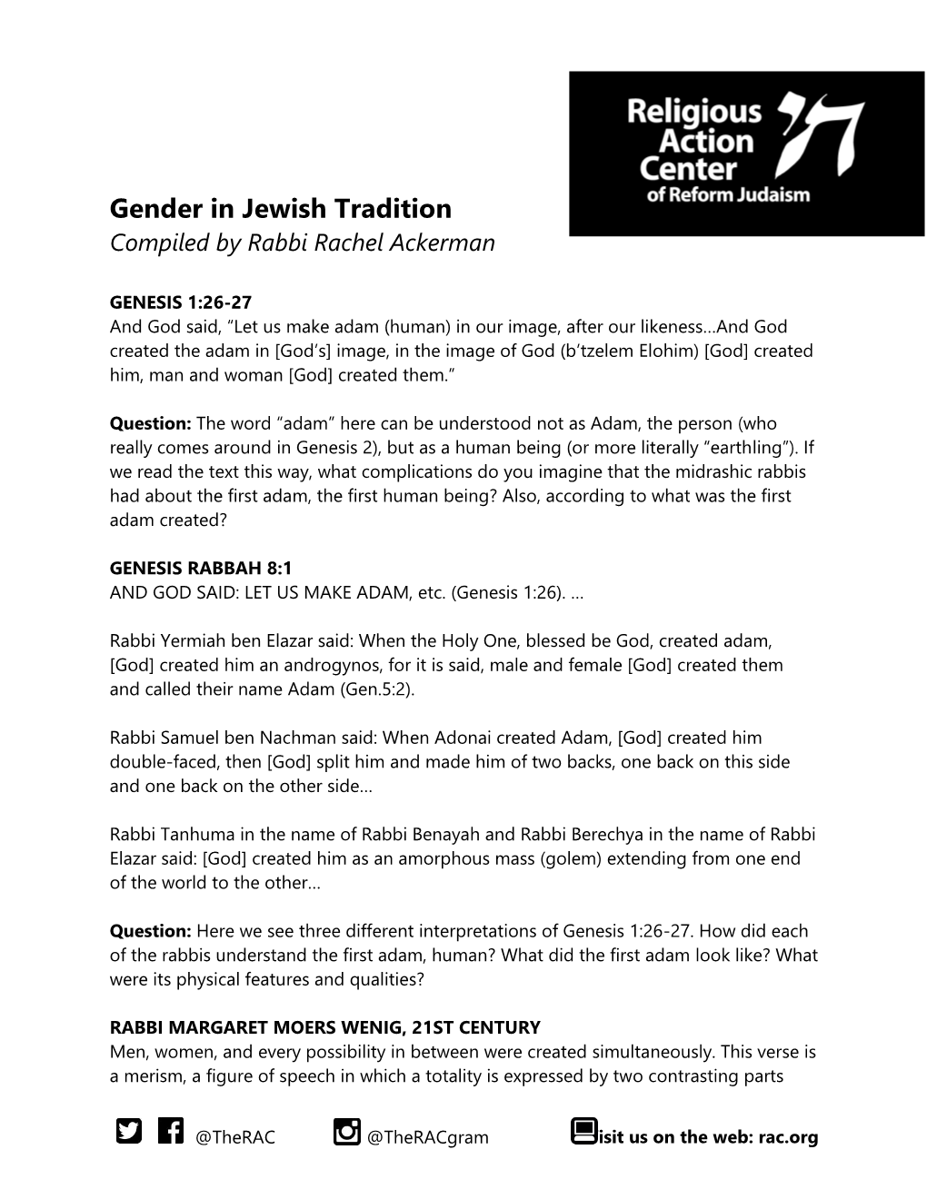 Gender in Jewish Tradition Compiled by Rabbi Rachel Ackerman