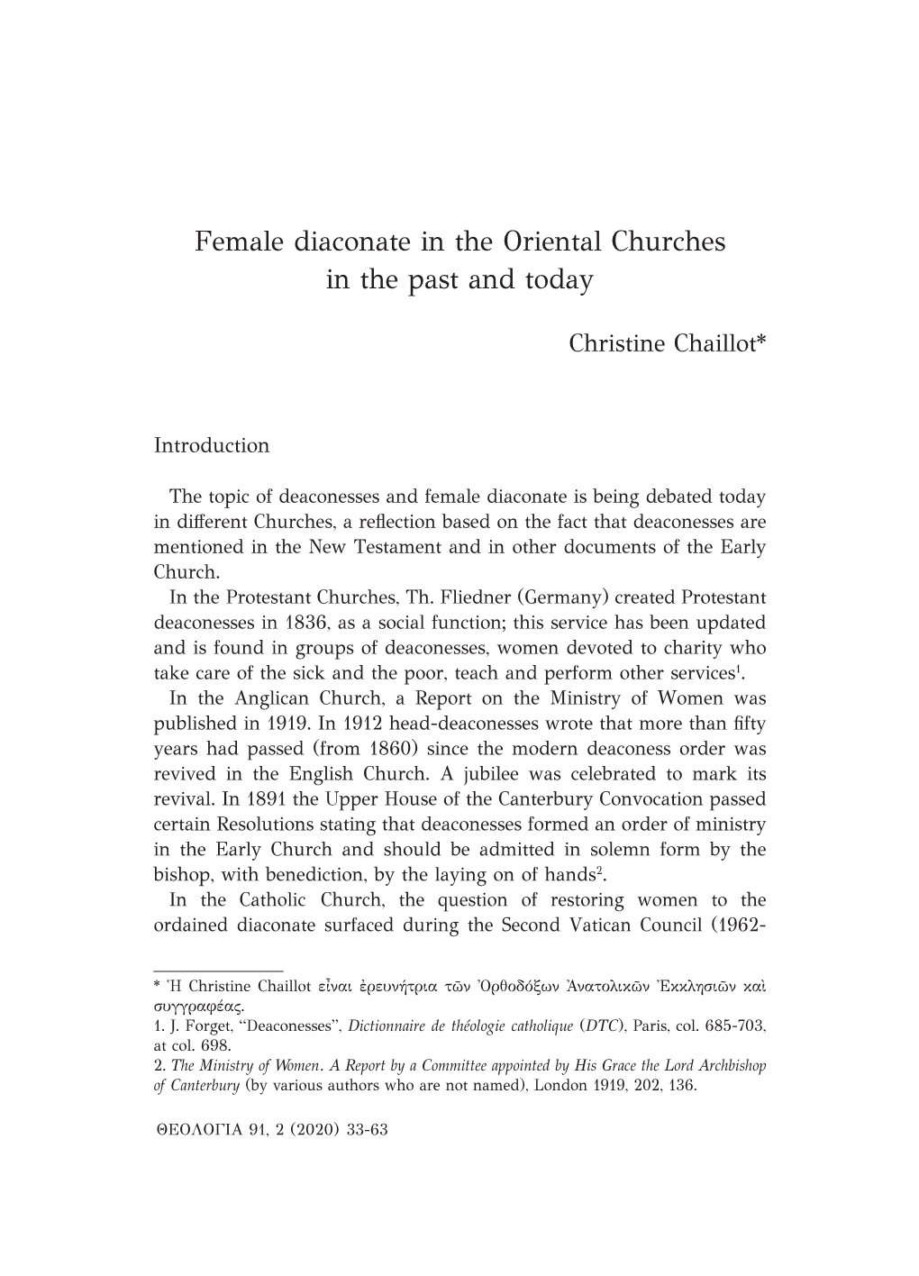 Female Diaconate in the Oriental Churches in the Past and Today