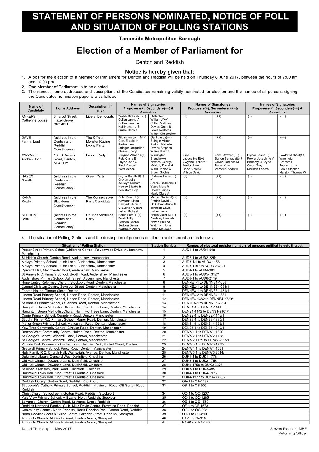 Statement of Persons Nominated & Notice of Poll & Situation of Polling Stations