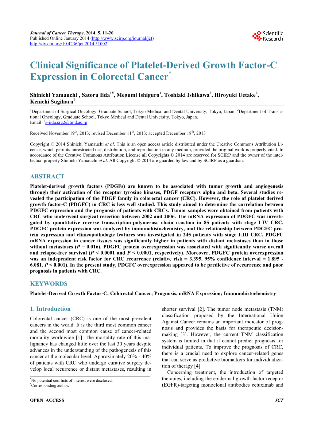 Clinical Significance of Platelet-Derived Growth Factor-C Expression in Colorectal Cancer*