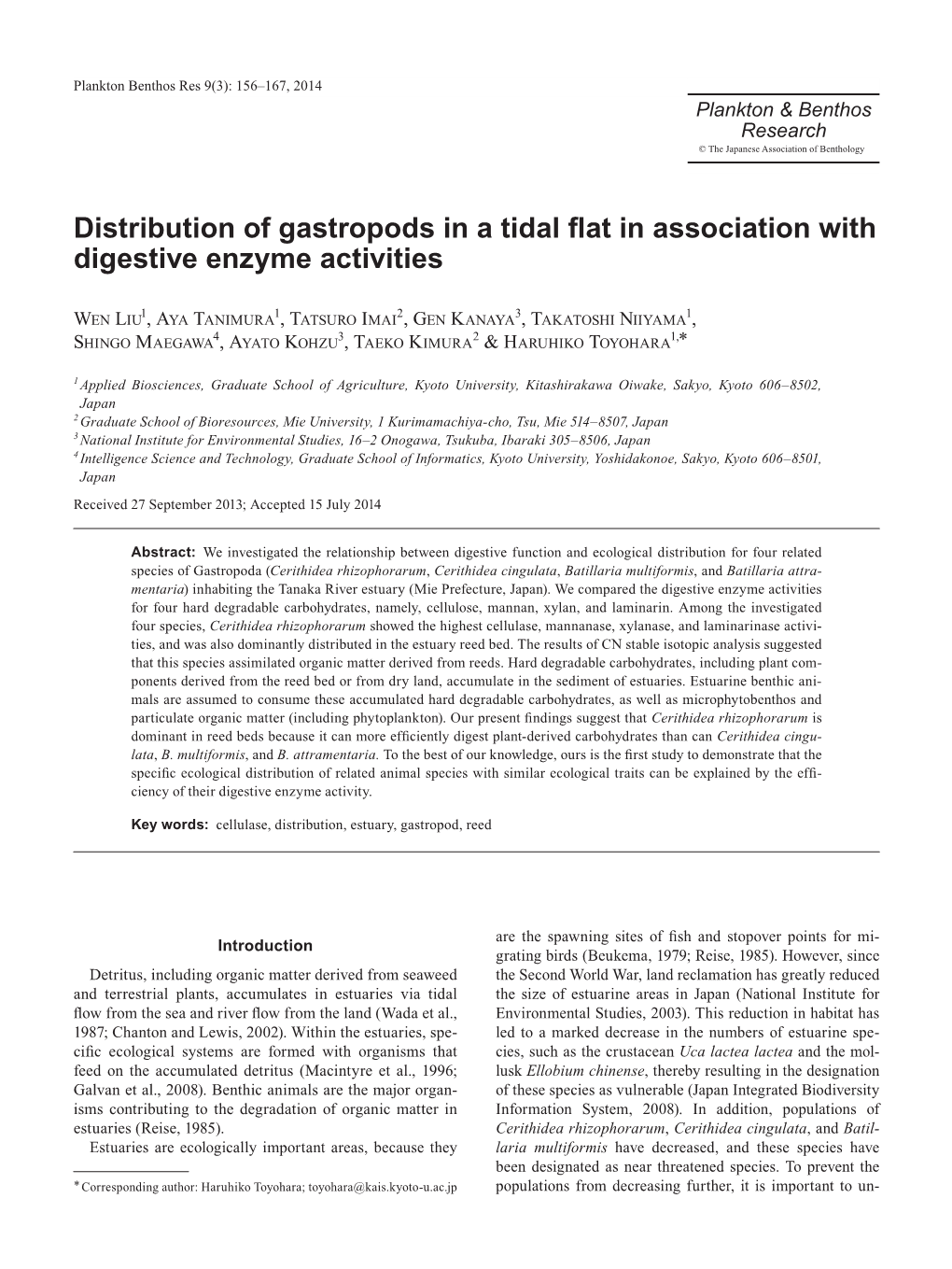 Distribution of Gastropods in a Tidal Flat in Association with Digestive Enzyme Activities 157 Derstand the Feeding System and Distribution of These Ani- Mals