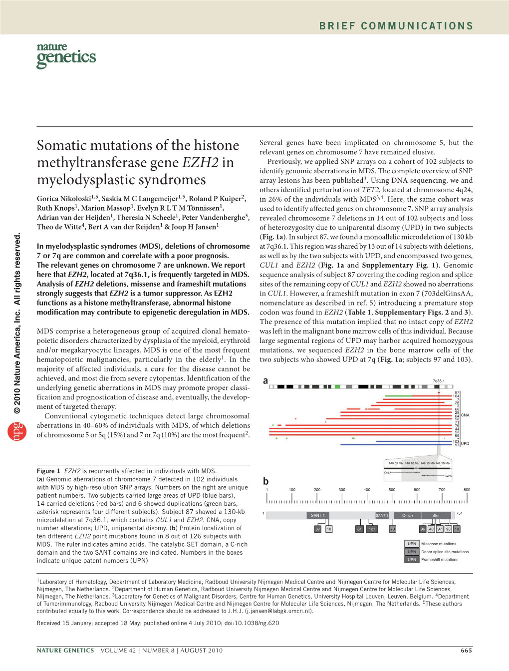 Somatic Mutations of the Histone Methyltransferase Gene EZH2 In