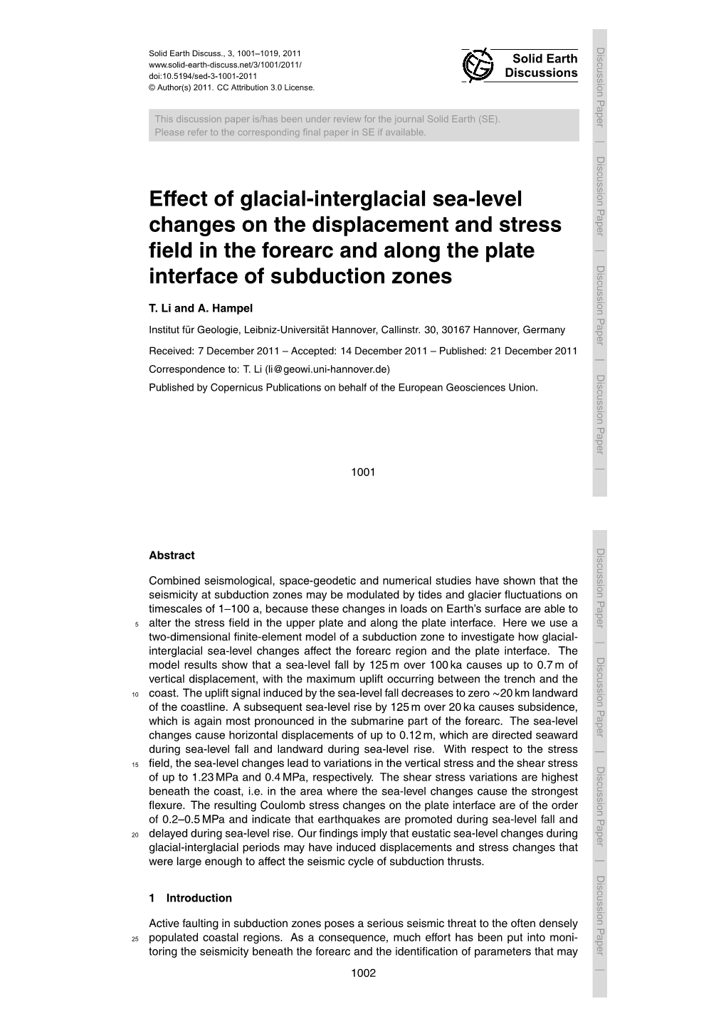 Effect of Glacial-Interglacial Sea-Level Changes on the Displacement And