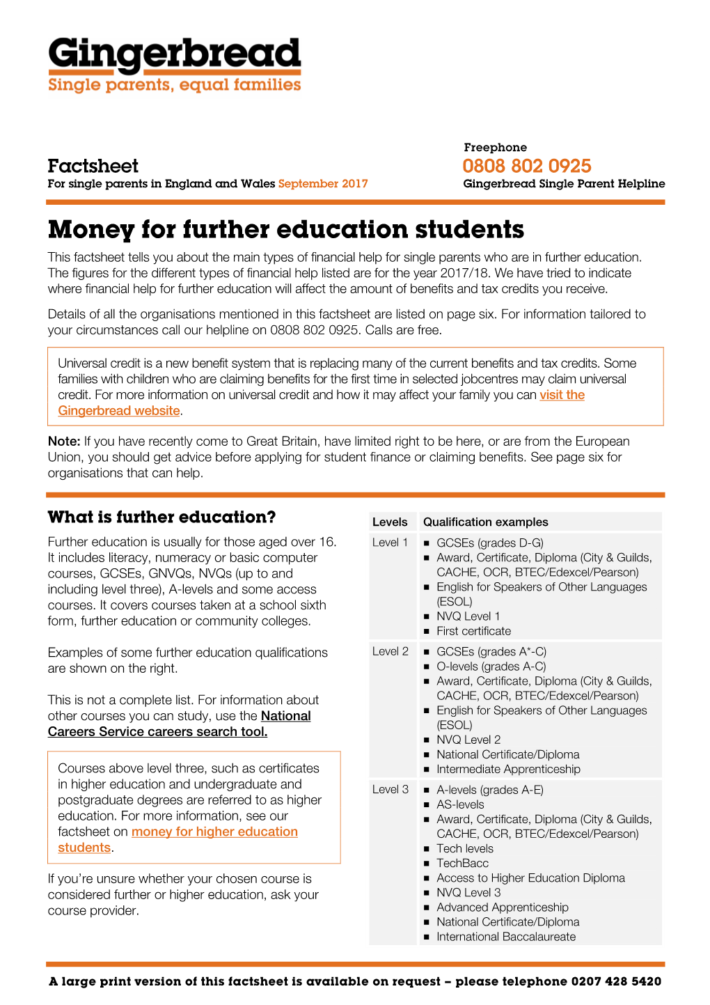 Money for Further Education Students This Factsheet Tells You About the Main Types of Financial Help for Single Parents Who Are in Further Education