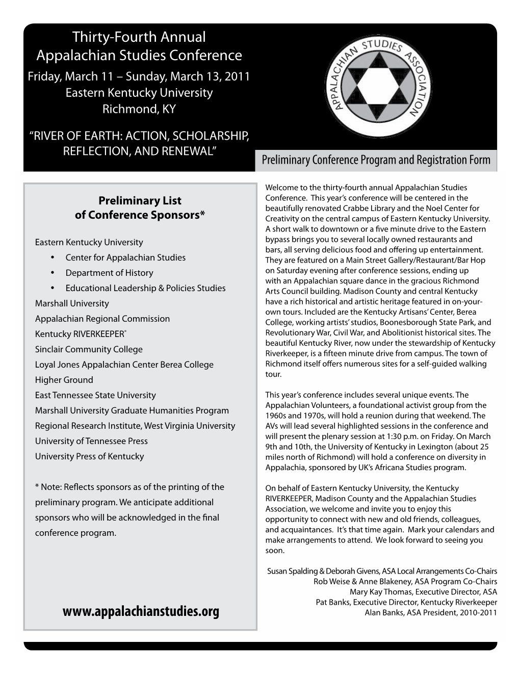 Thirty-Fourth Annual Appalachian Studies Conference Friday, March 11 – Sunday, March 13, 2011 Eastern Kentucky University Richmond, KY