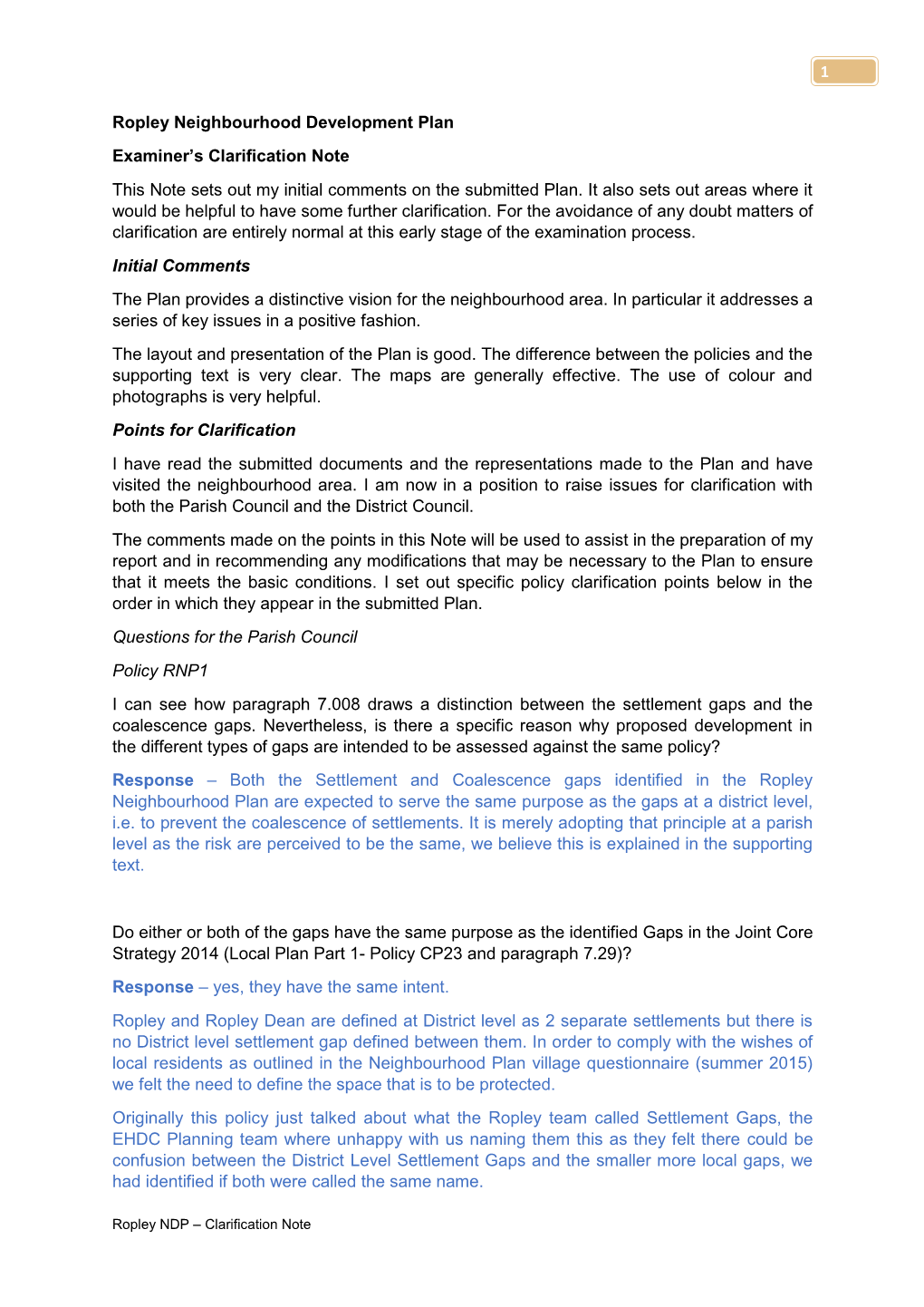 Ropley Parish Council Response to Clarification Note