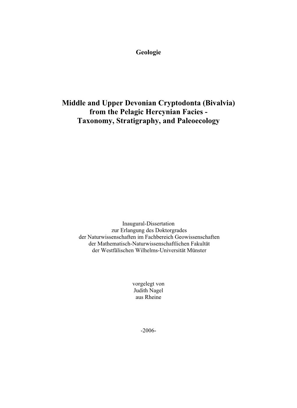 Middle and Upper Devonian Cryptodonta (Bivalvia) from the Pelagic Hercynian Facies - Taxonomy, Stratigraphy, and Paleoecology