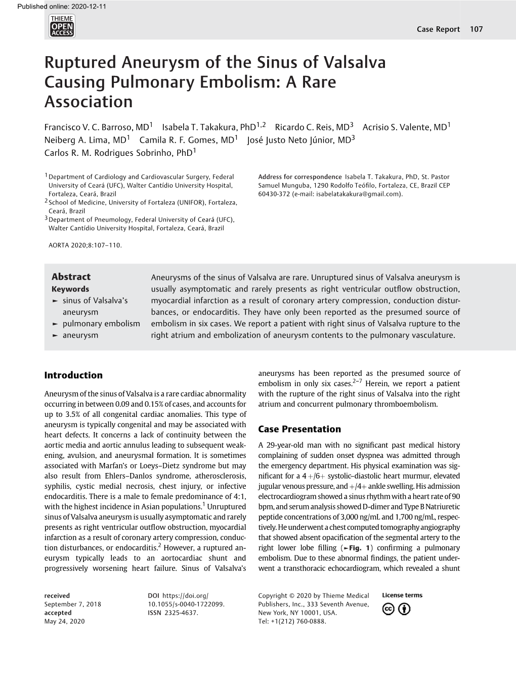 Ruptured Aneurysm of the Sinus of Valsalva Causing Pulmonary Embolism: a Rare Association