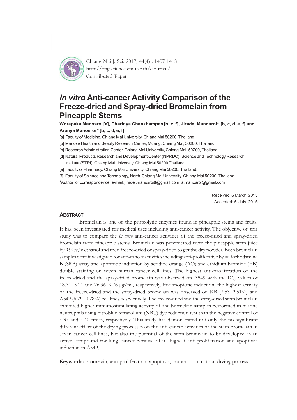 In Vitro Anti-Cancer Activity Comparison of the Freeze-Dried and Spray-Dried