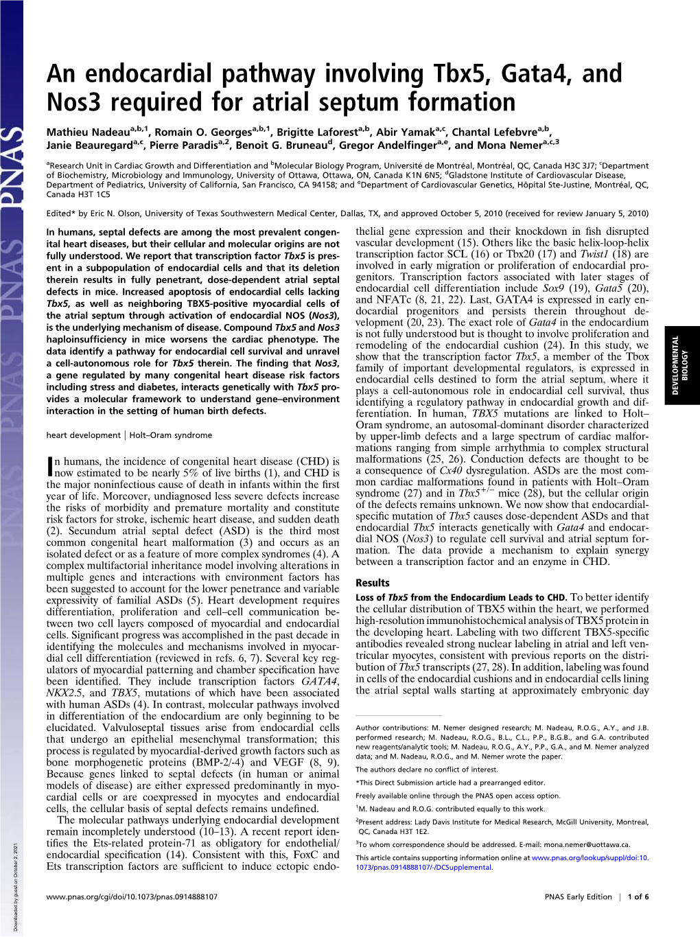 An Endocardial Pathway Involving Tbx5, Gata4, and Nos3 Required for Atrial Septum Formation