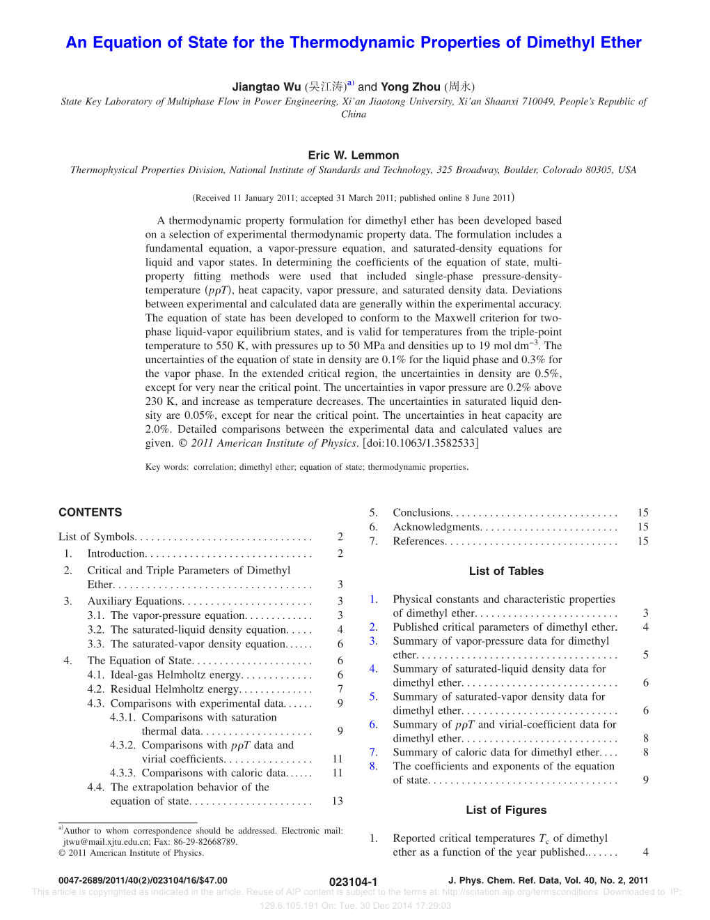 An Equation of State for the Thermodynamic Properties of Dimethyl Ether