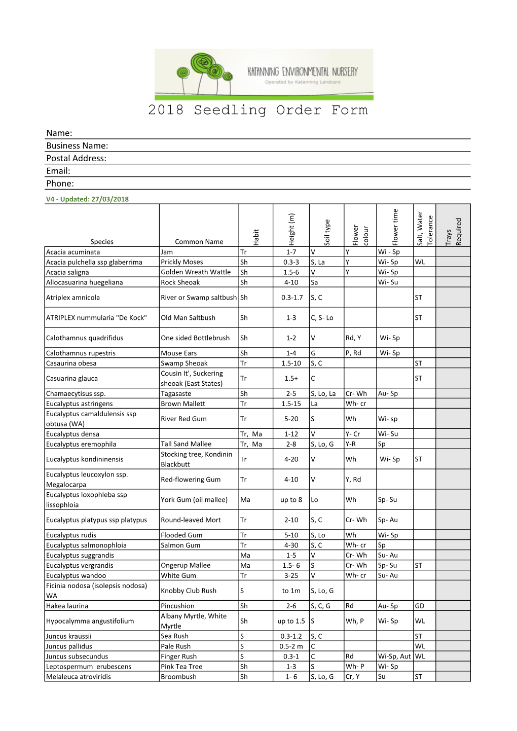 2018 Seedling Order Form