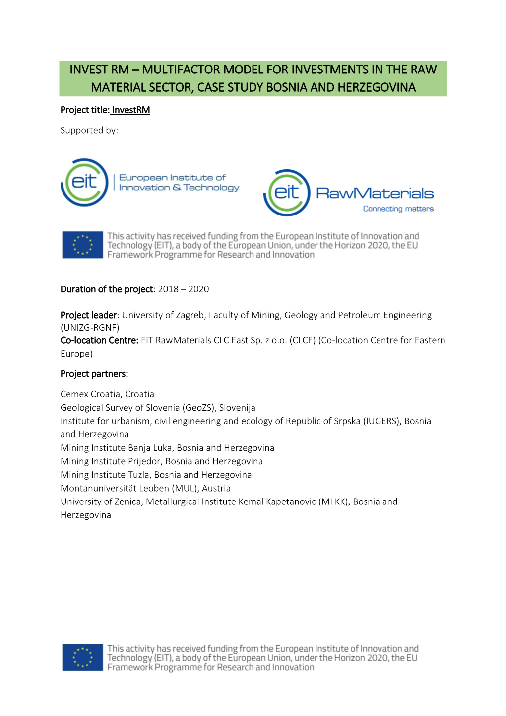 Multifactor Model for Investments in the Raw Material Sector, Case Study Bosnia and Herzegovina