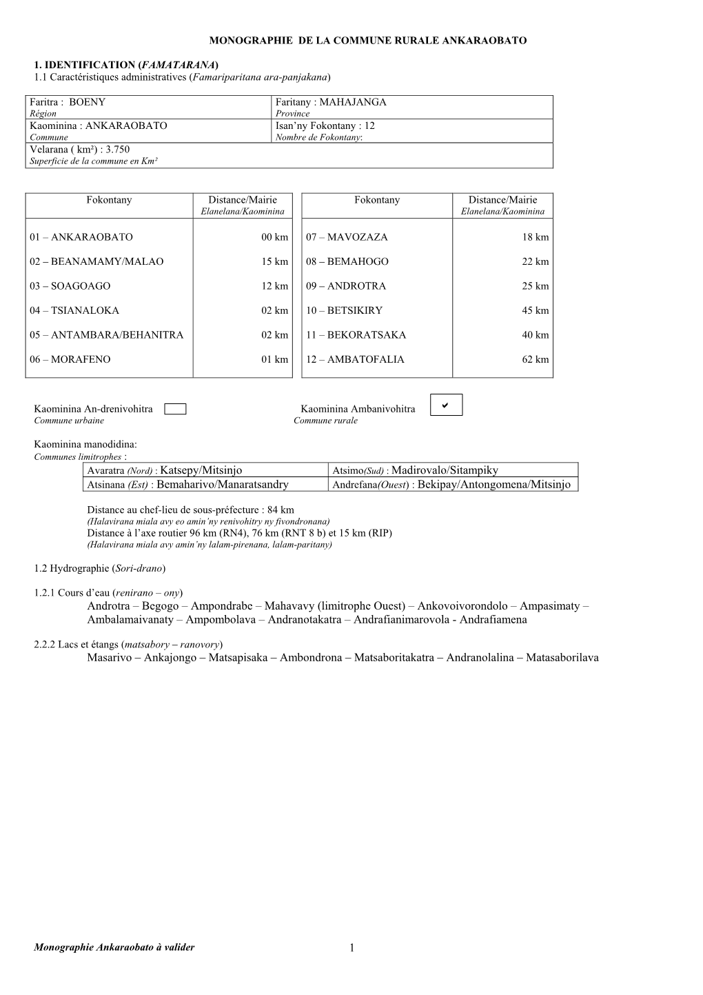 Katsepy/Mitsinjo Atsimo(Sud) : Madirovalo/Sitampiky Atsinana (Est) : Bemaharivo/Manaratsandry Andrefana(Ouest) : Bekipay/Antongomena/Mitsinjo