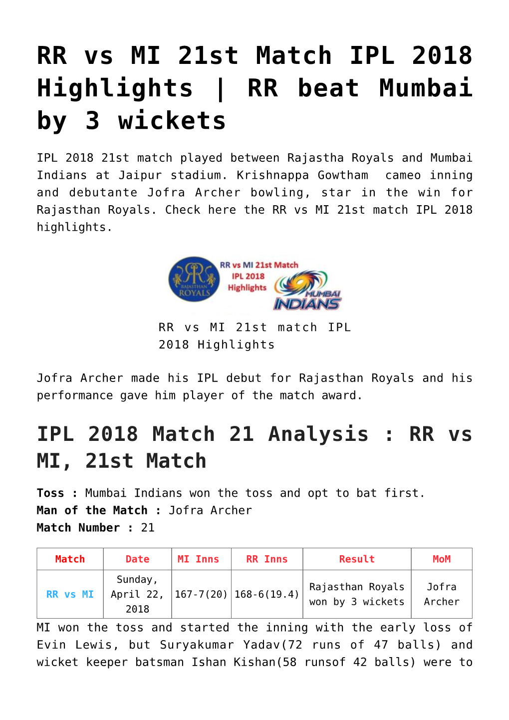 RR Vs MI 21St Match IPL 2018 Highlights | RR Beat Mumbai by 3 Wickets