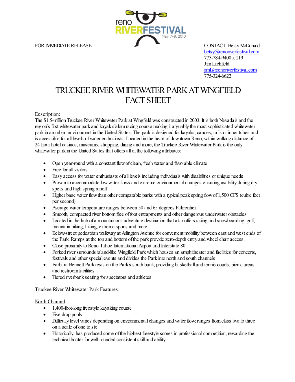 Truckee River Whitewater Park at Wingfield Fact Sheet