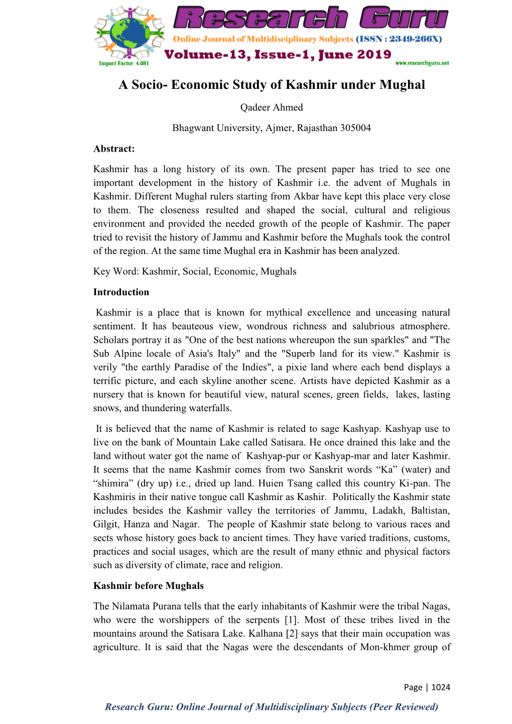 A Socio- Economic Study of Kashmir Under Mughal