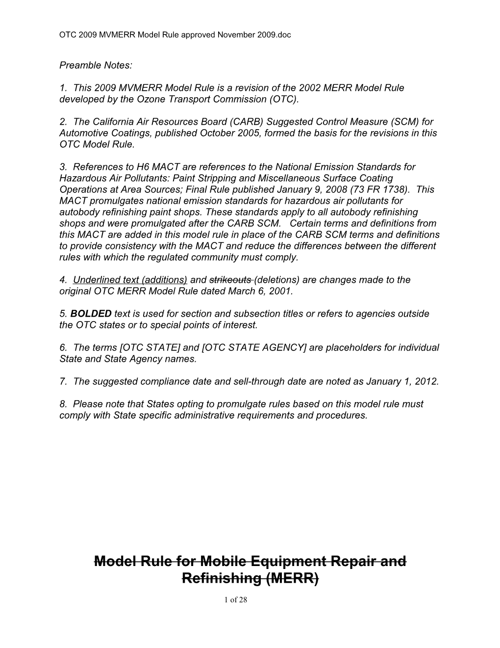 OTC 2009 MVMERR Model Rule Approved November 2009