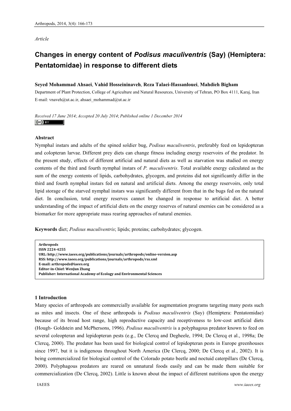 Changes in Energy Content of Podisus Maculiventris (Say) (Hemiptera: Pentatomidae) in Response to Different Diets