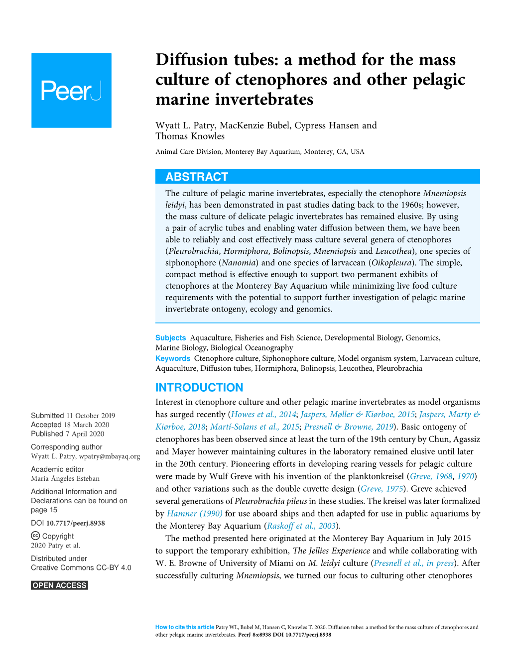 Diffusion Tubes: a Method for the Mass Culture of Ctenophores and Other Pelagic Marine Invertebrates