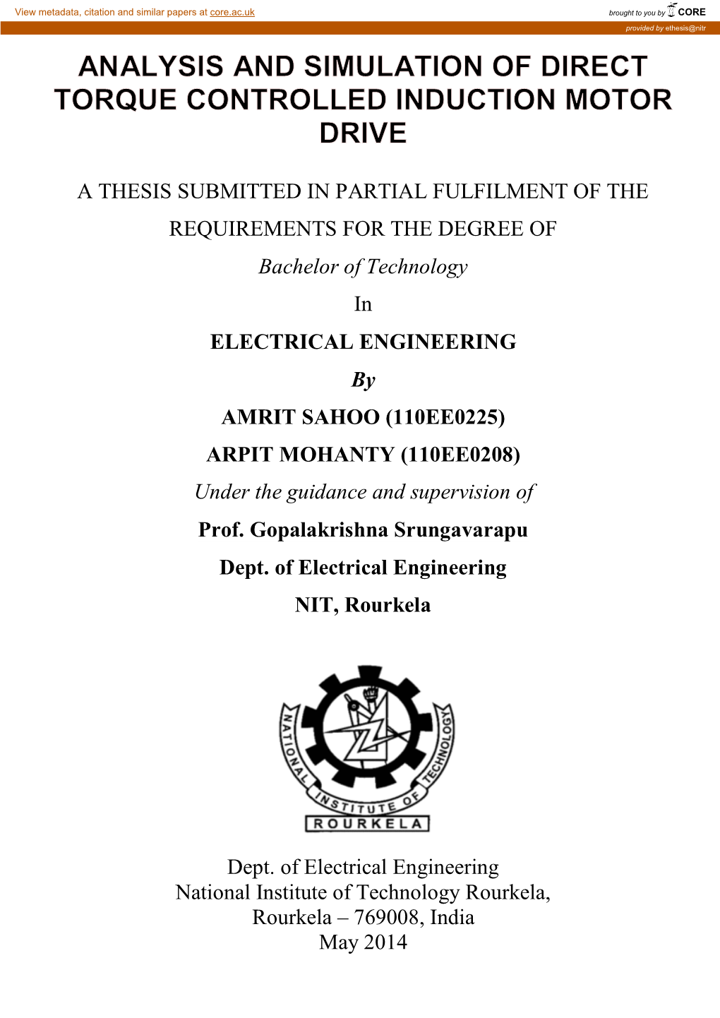 A Thesis Submitted in Partial Fulfilment of The