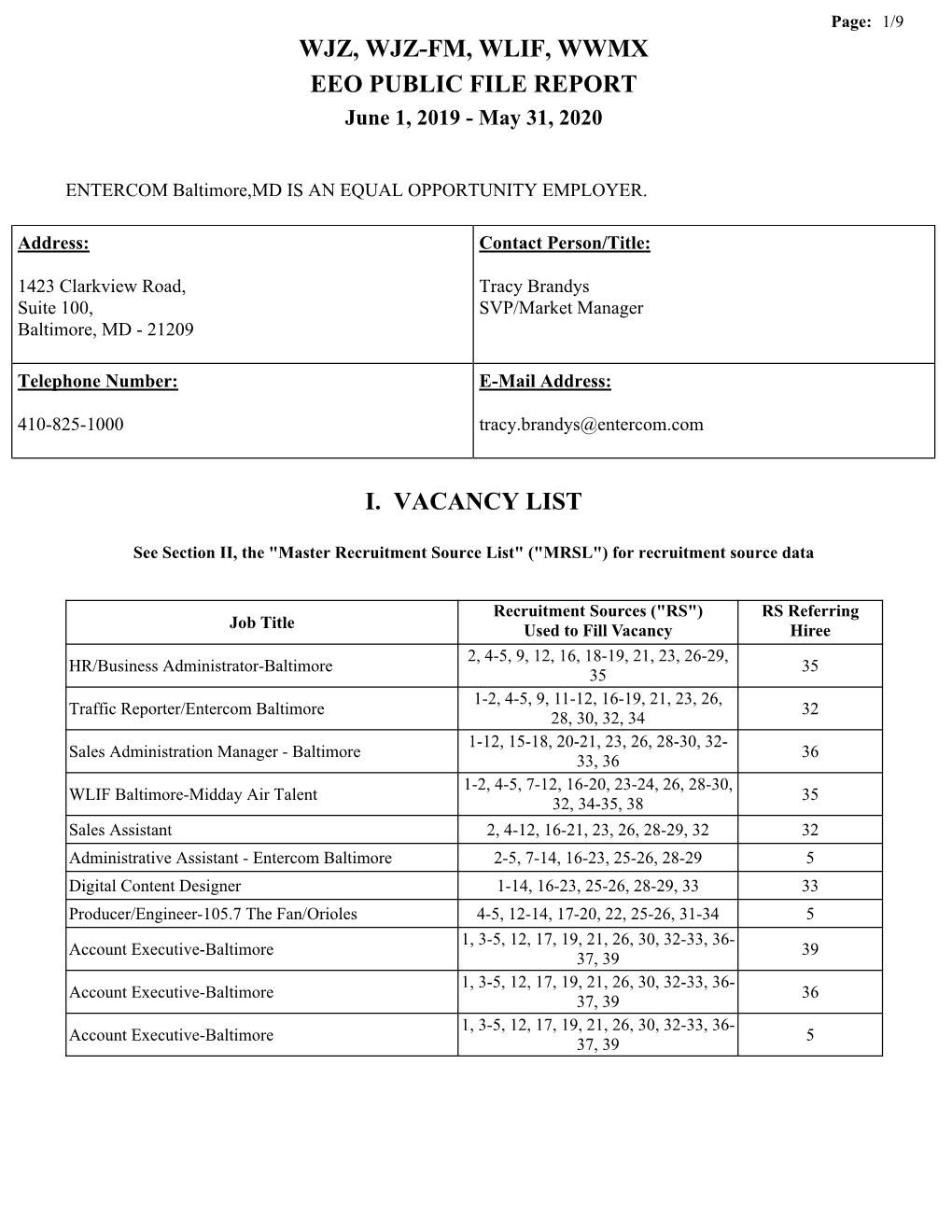 WJZ, WJZ-FM, WLIF, WWMX EEO PUBLIC FILE REPORT June 1, 2019 - May 31, 2020