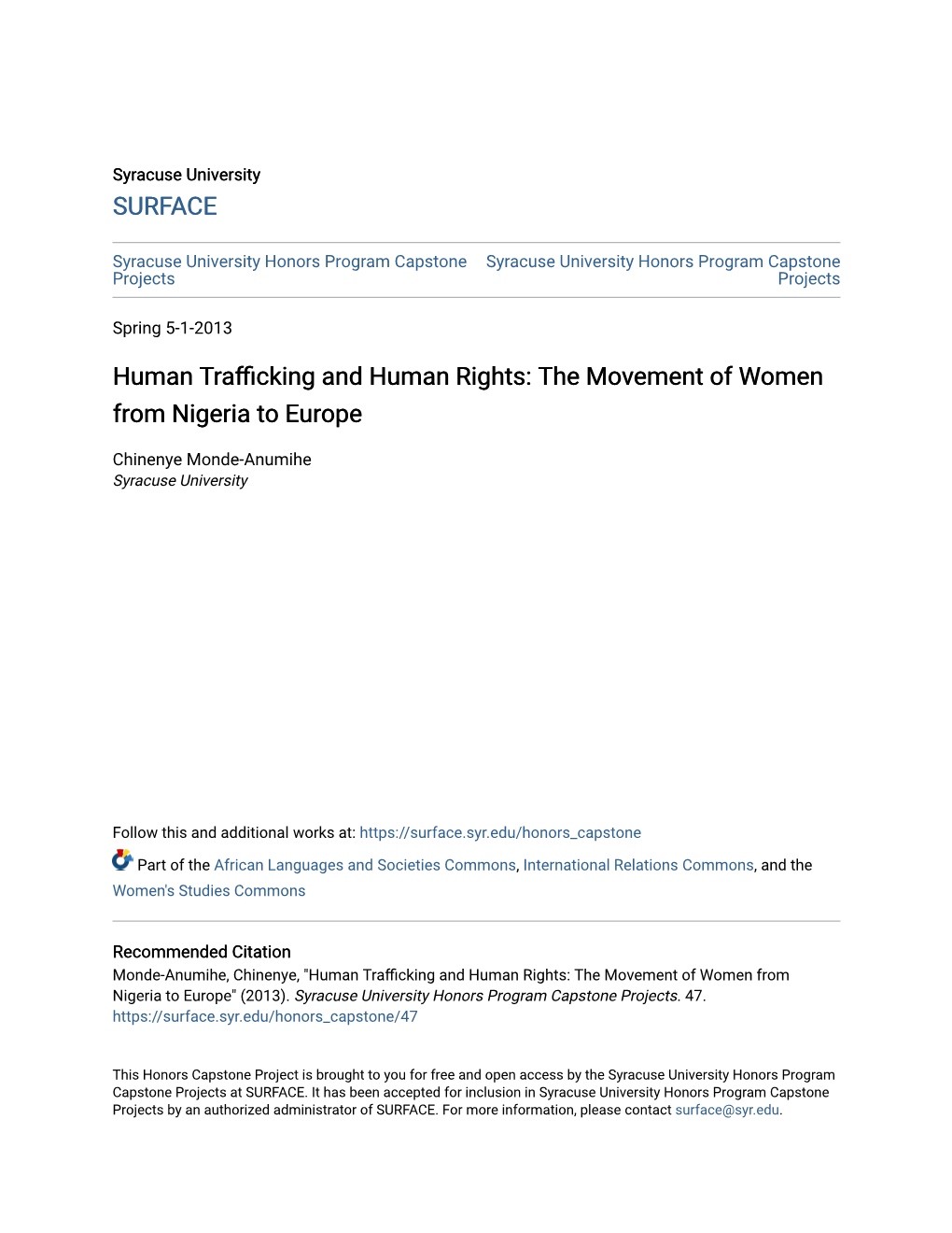 Human Trafficking and Human Rights: the Movement of Women from Nigeria to Europe