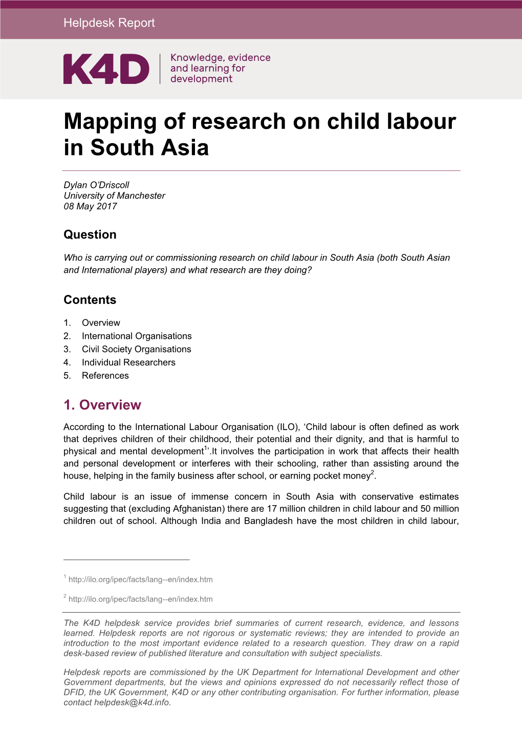 Mapping of Research on Child Labour in South Asia