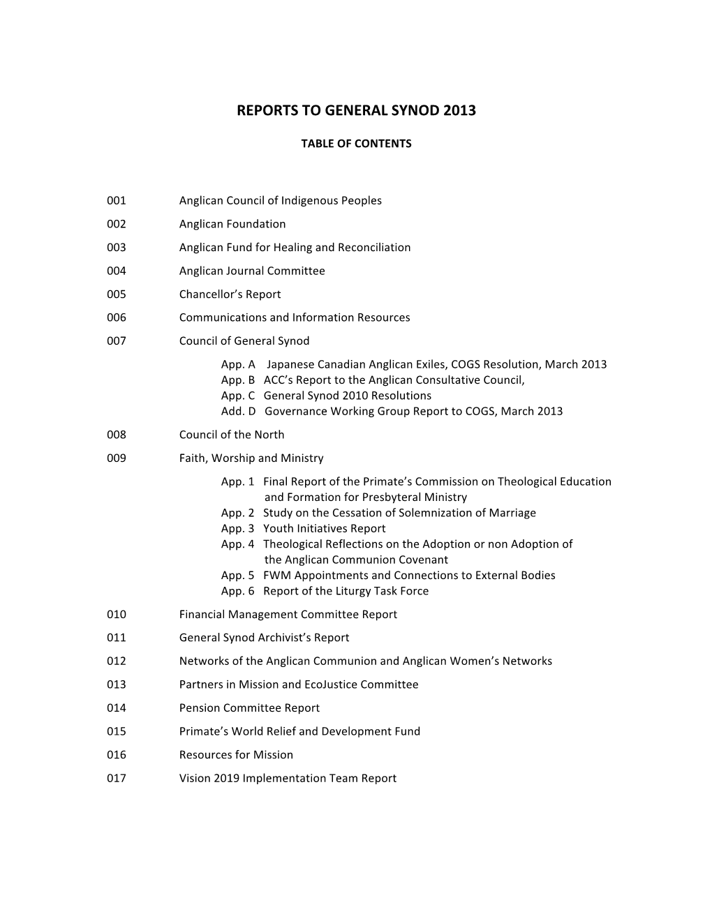 000 Report Index General Synod 2013 REVISED 2