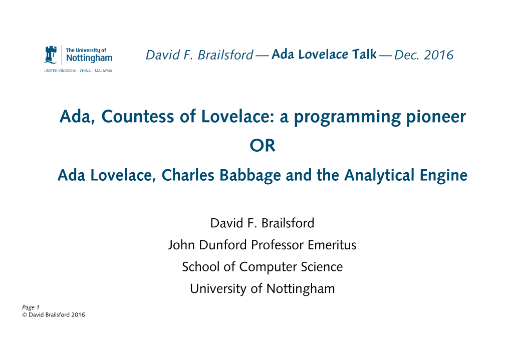 Ada, Countess of Lovelace: a Programming Pioneer OR Ada Lovelace, Charles Babbage and the Analytical Engine