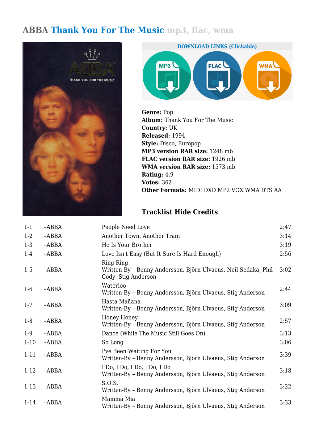 ABBA Thank You for the Music Mp3, Flac, Wma