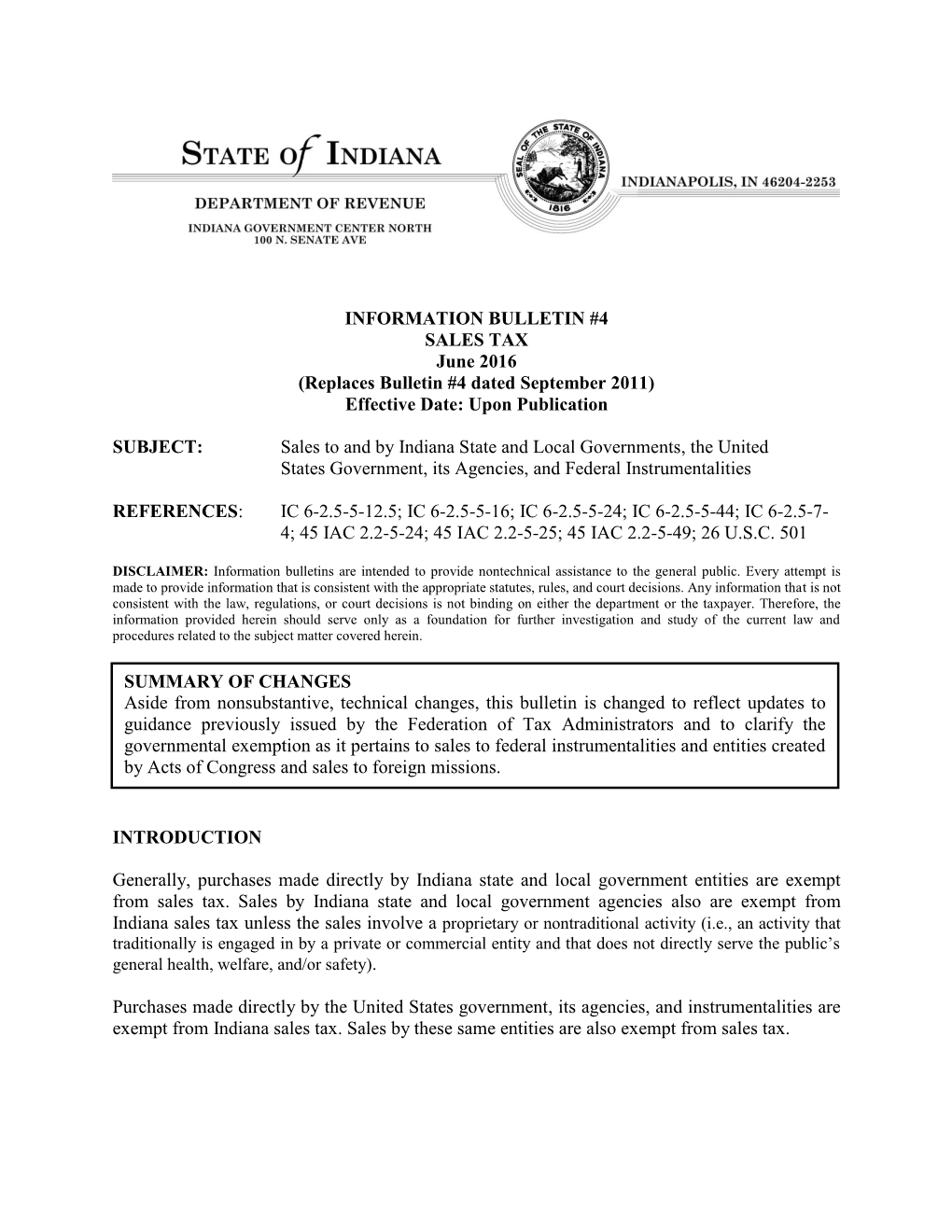 4 SALES TAX June 2016 (Replaces Bulletin #4 Dated September 2011) Effective Date: Upon Publication