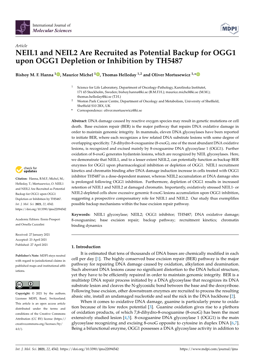 NEIL1 and NEIL2 Are Recruited As Potential Backup for OGG1 Upon OGG1 Depletion Or Inhibition by TH5487