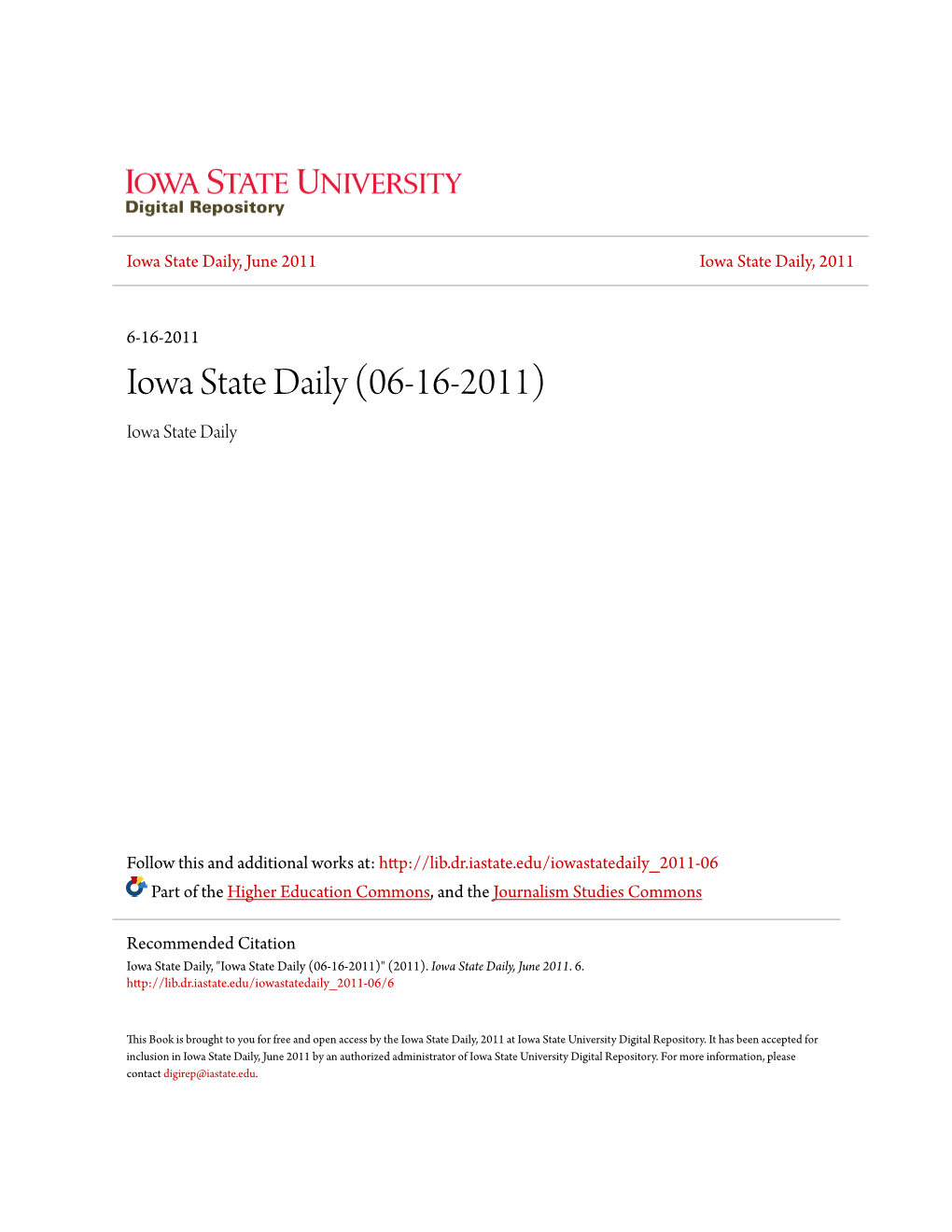 Iowa State Daily, June 2011 Iowa State Daily, 2011