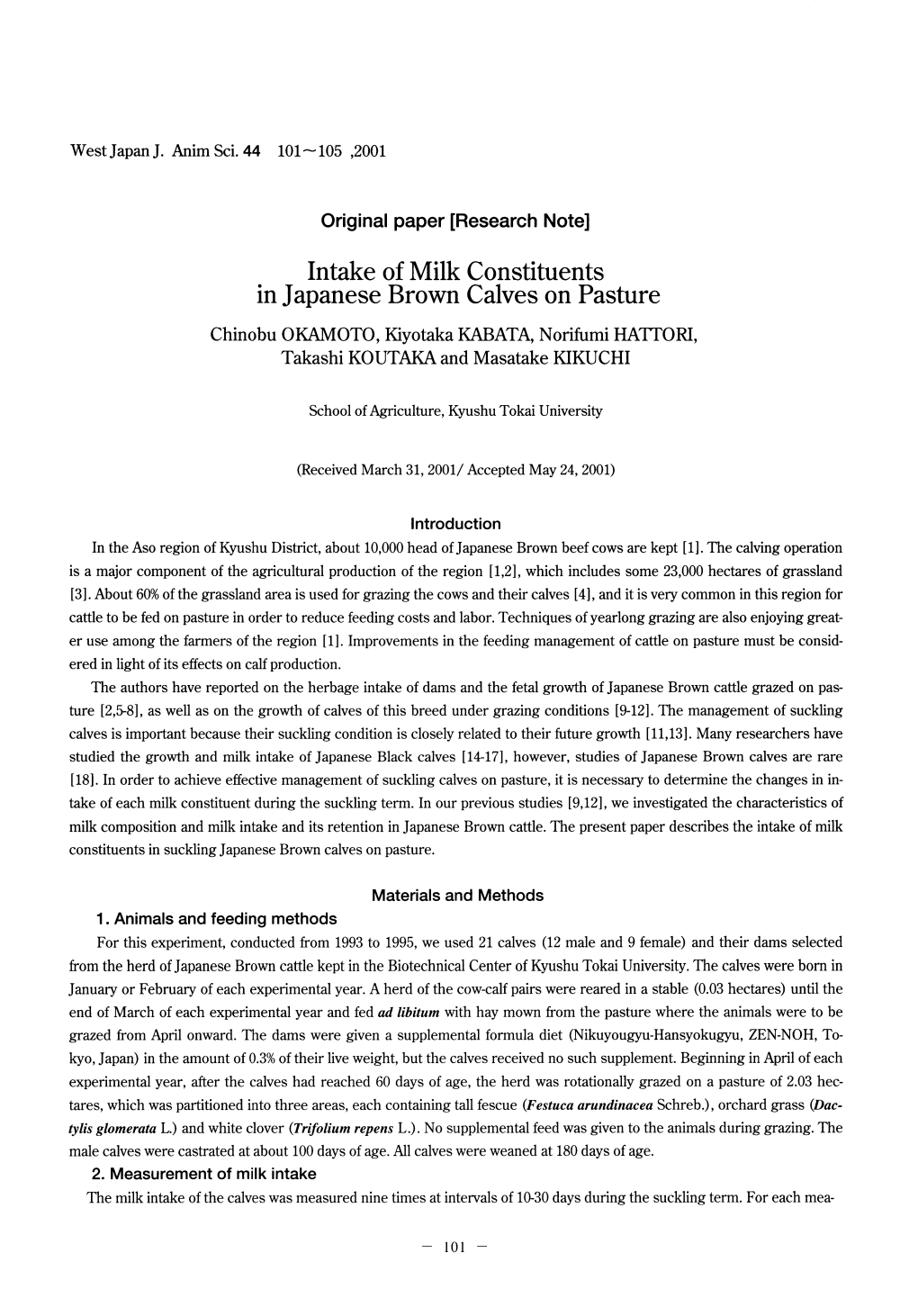 Intake of Milk Constituents in Japanese Brown Calves on Pasture