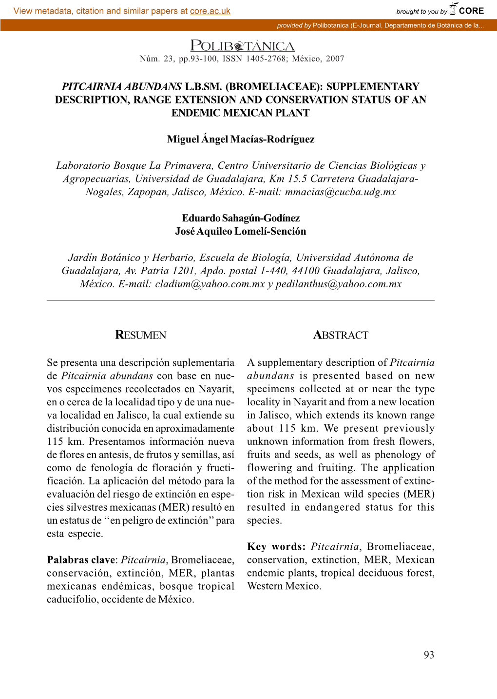 Bromeliaceae): Supplementary Description, Range Extension and Conservation Status of an Endemic Mexican Plant