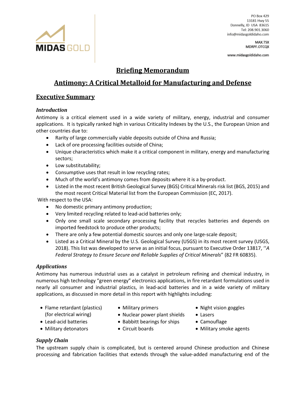 Briefing Memorandum Antimony: a Critical Metalloid for Manufacturing and Defense