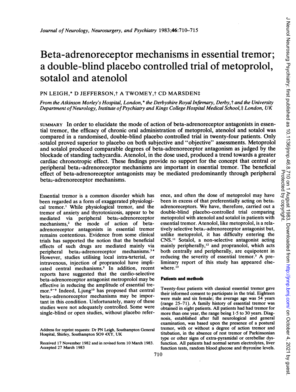 Beta-Adrenoreceptor Mechanisms in Essential Tremor; a Double-Blind Placebo Controlled Trial Ofmetoprolol, Sotalol and Atenolol