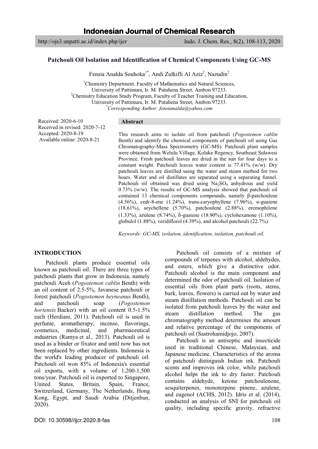 Patchouli Oil Isolation and Identification of Chemical Components Using GC-MS