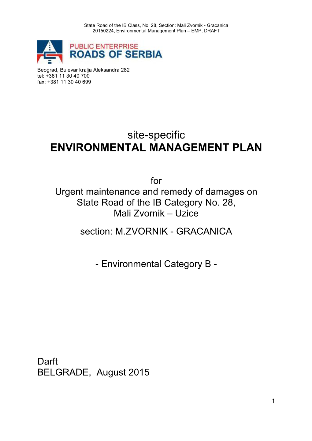 Environmental Management Plan – EMP, DRAFT