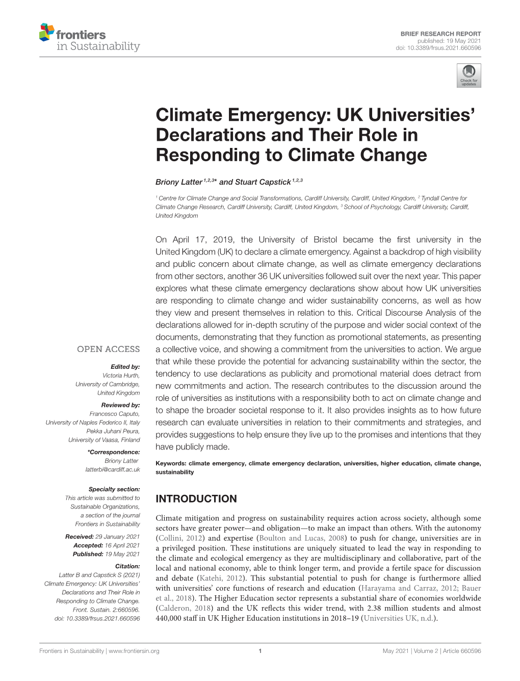 Climate Emergency: UK Universities’ Declarations and Their Role in Responding to Climate Change