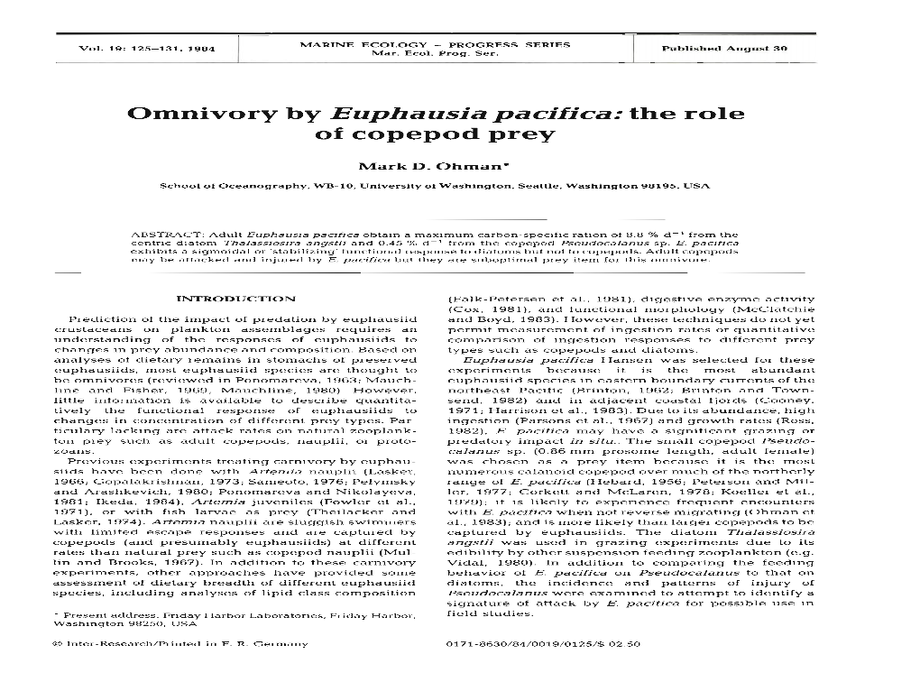 Omnivory by Euphausia Pacifica: the Role of Copepod Prey