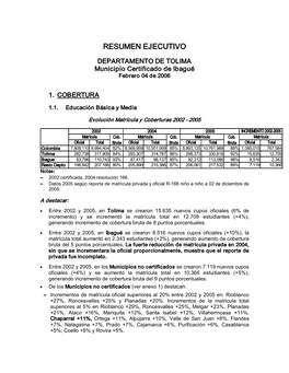 DEPARTAMENTO DE TOLIMA Municipio Certificado De Ibagué Febrero 04 De 2006