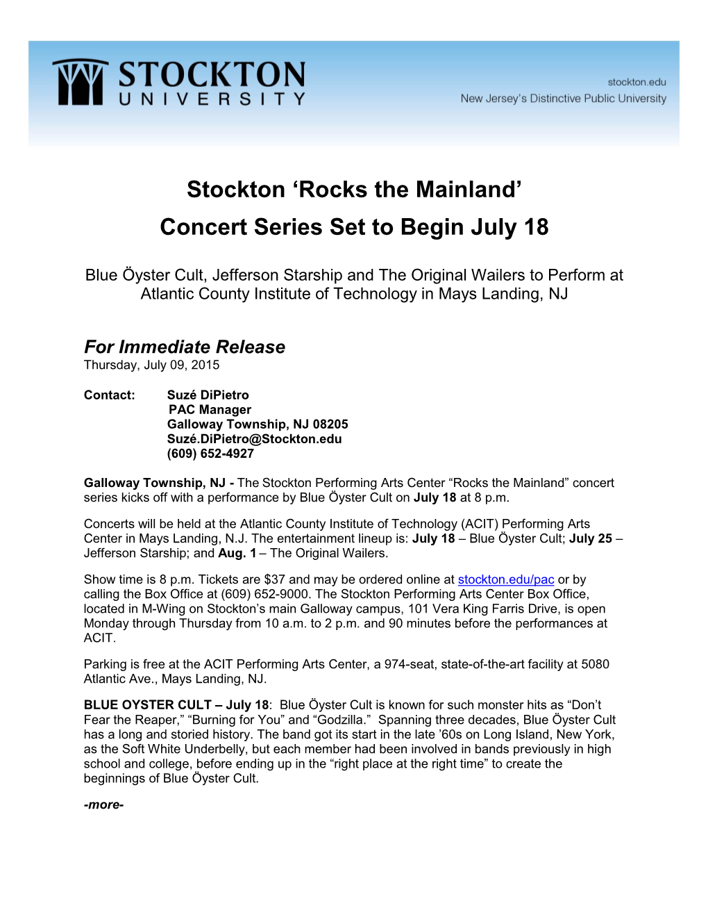 Stockton 'Rocks the Mainland' Concert Series Set to Begin July 18