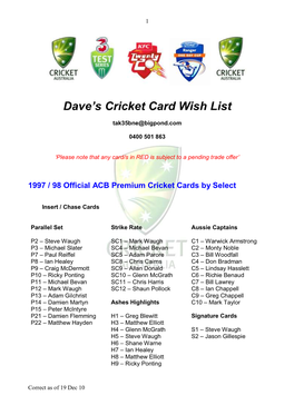 Dave's Cricket Card Wish List